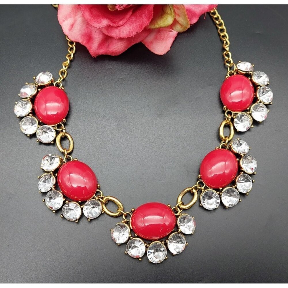 Gold-Tone Red Gem Statement Necklace